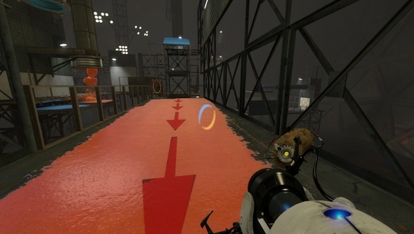 Portal 2 : Hier ist Übersicht gefragt: Die Schräge oben im Bild muss voller blauem Gel sein, damit Sie den Würfel erreichen können.